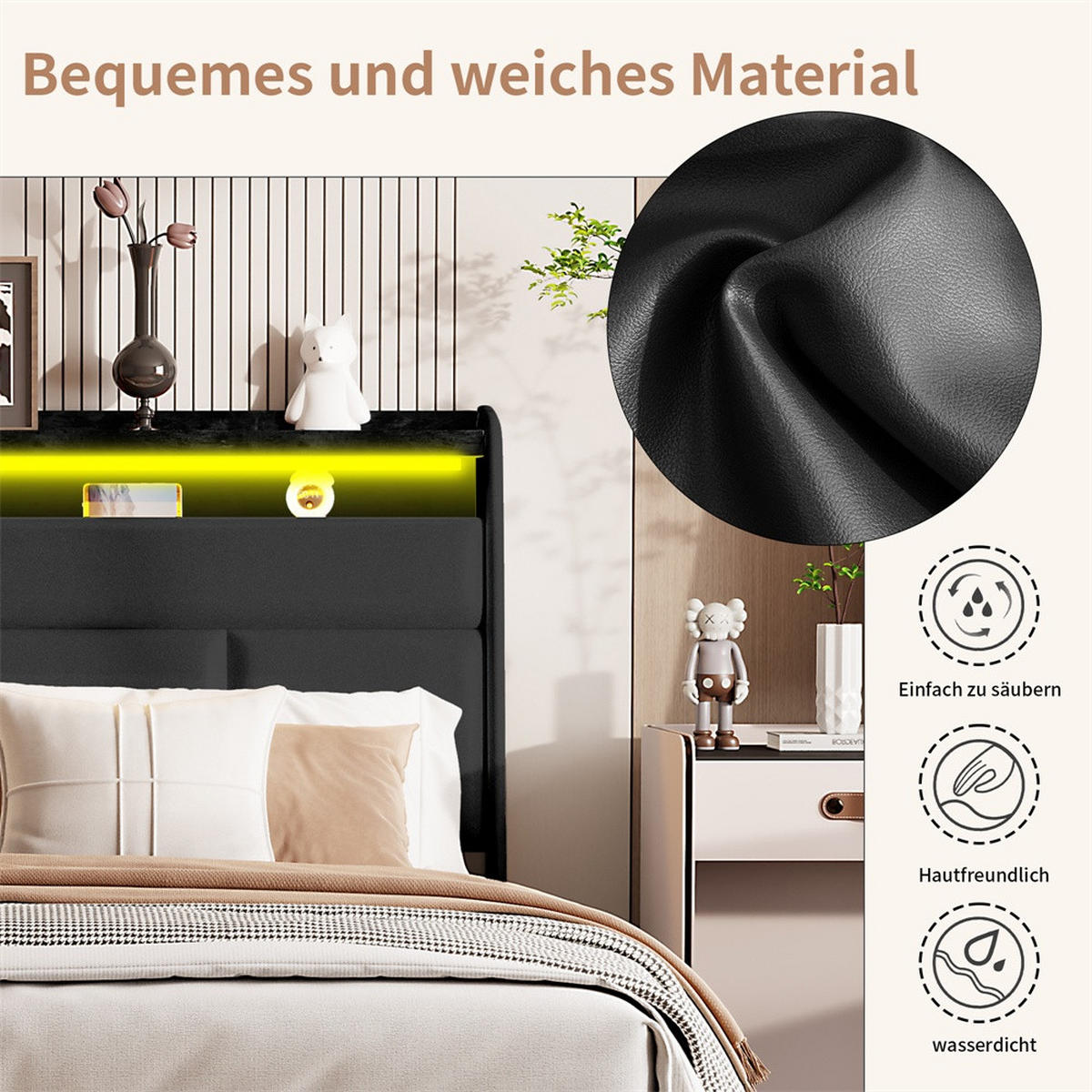 POLSTERBETT 140x200 cm mit LED-Beleuchtung an Kopf und Fußteil - hydraulischer Hebefunktion - ohne Matratze - Schwarz, Textil (140/200cm) - DELFA