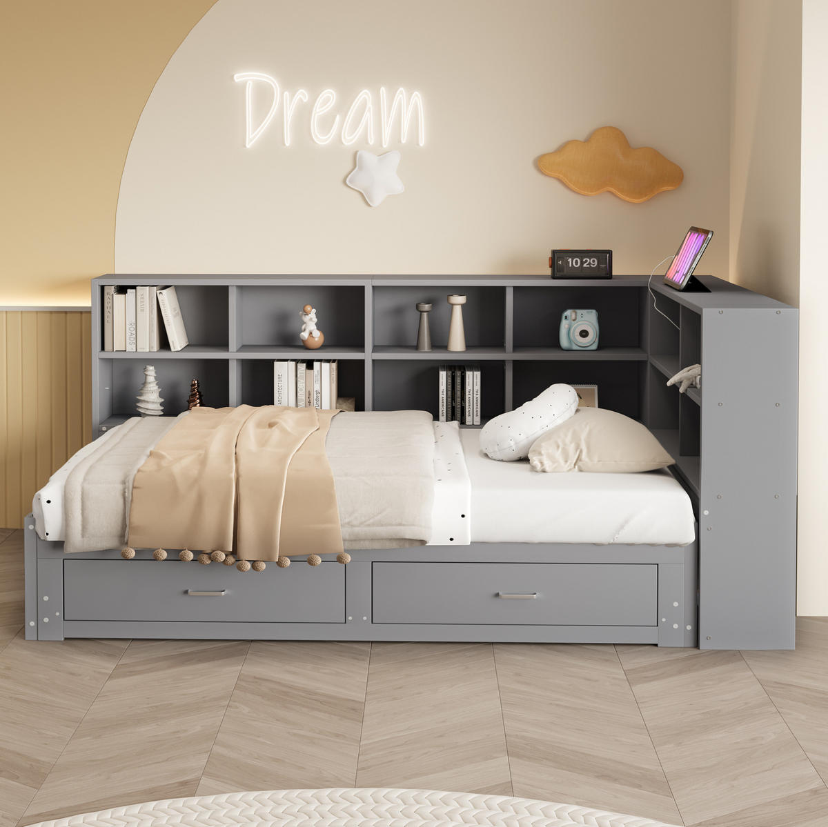 FUNKTIONSBETT 90/190 cm mit Ausziehbett, Stauraum und Steckdose, Grau - Grau, Holzwerkstoff (90/190cm) - Redom