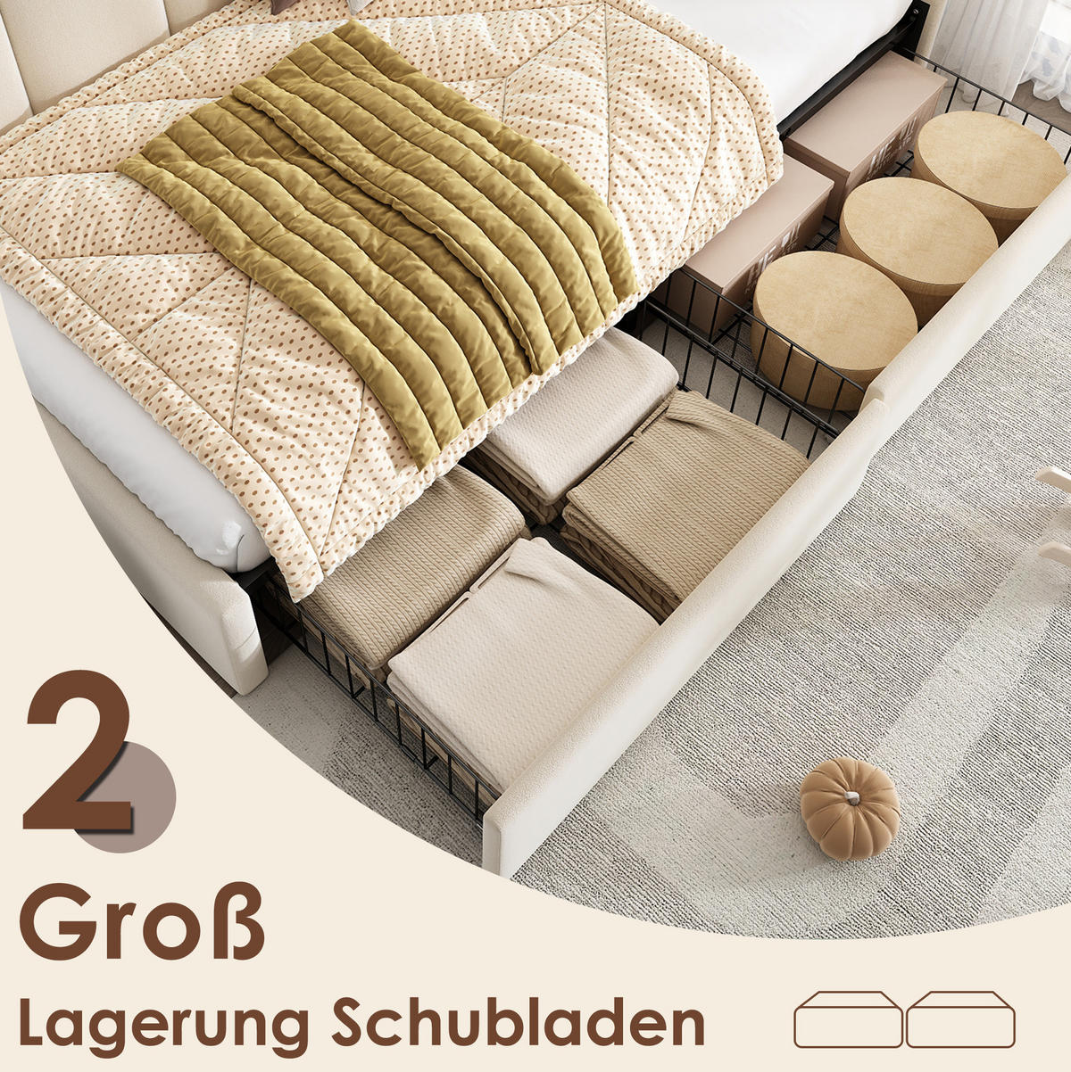POSTEL s úložným prostorem 90x200 cm béžová ze sametu s 2 zásuvkami a roštem - béžová, textil (90/200cm) - OKWISH