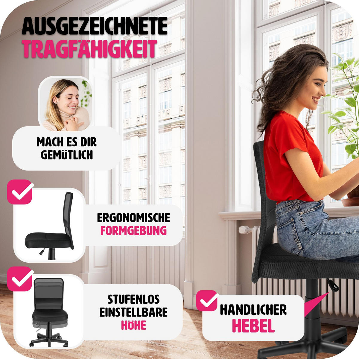 BÜROSTUHL Patrick, stufenlos höhenverstellbar, schwarz - Schwarz, Textil (50/95/43cm) - tectake