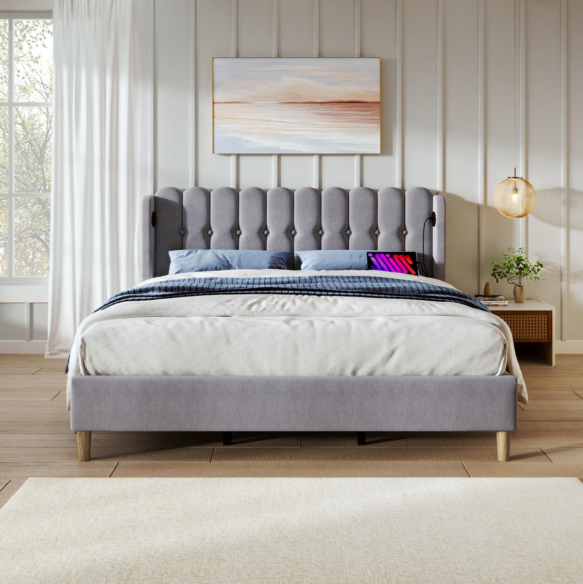 POLSTERBETT 160/200 cm mit USB-C Ladefunktion und gepolstertem Kopfteil - Grau, Textil (160/200cm) - BEAOK