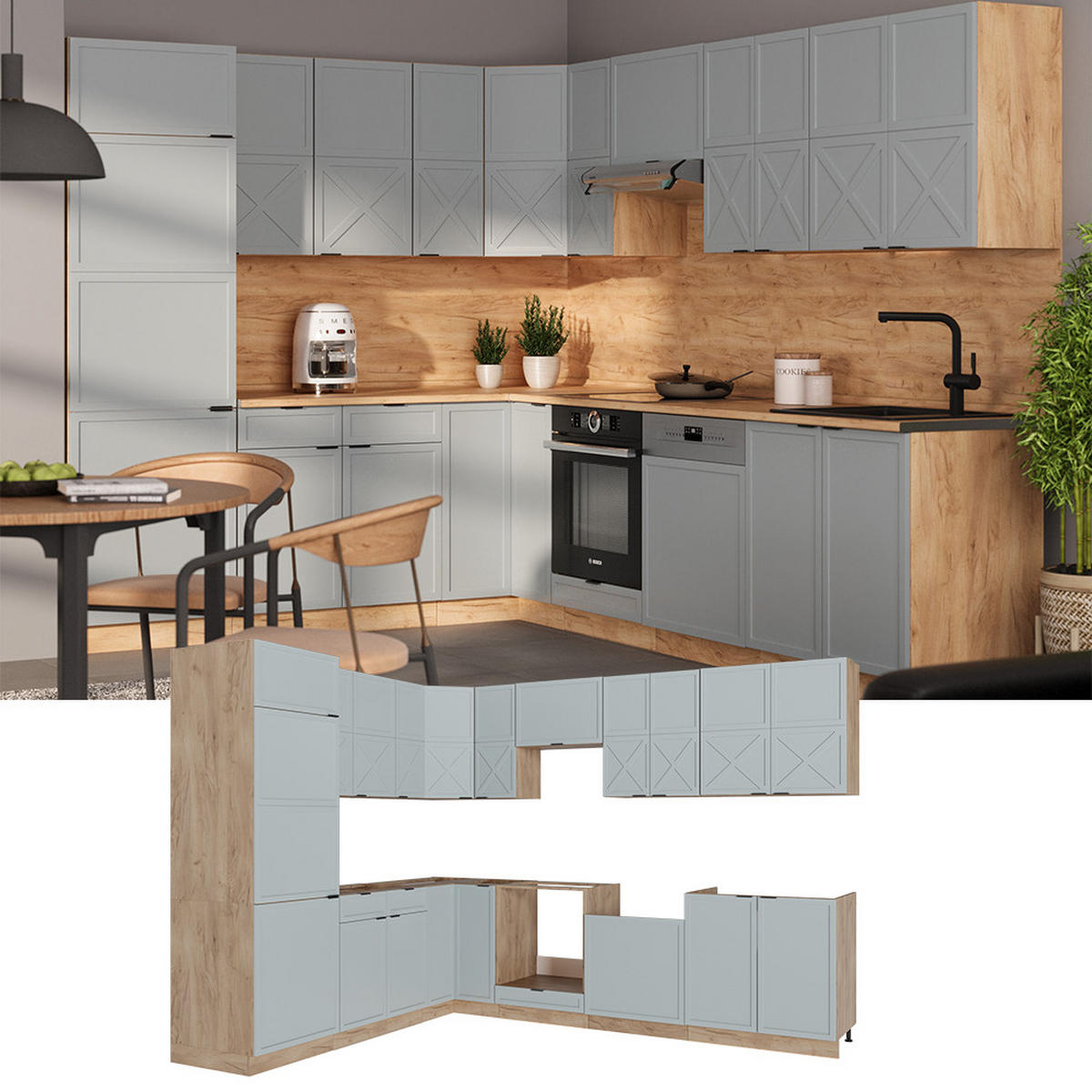 ECKKÜCHE Fame-Line Hellblau-grau/Goldkraft Eiche 227 x 60 cm ohne AP - Honigeiche/Hellblau, Holzwerkstoff (287/81.6/46cm) - Vicco