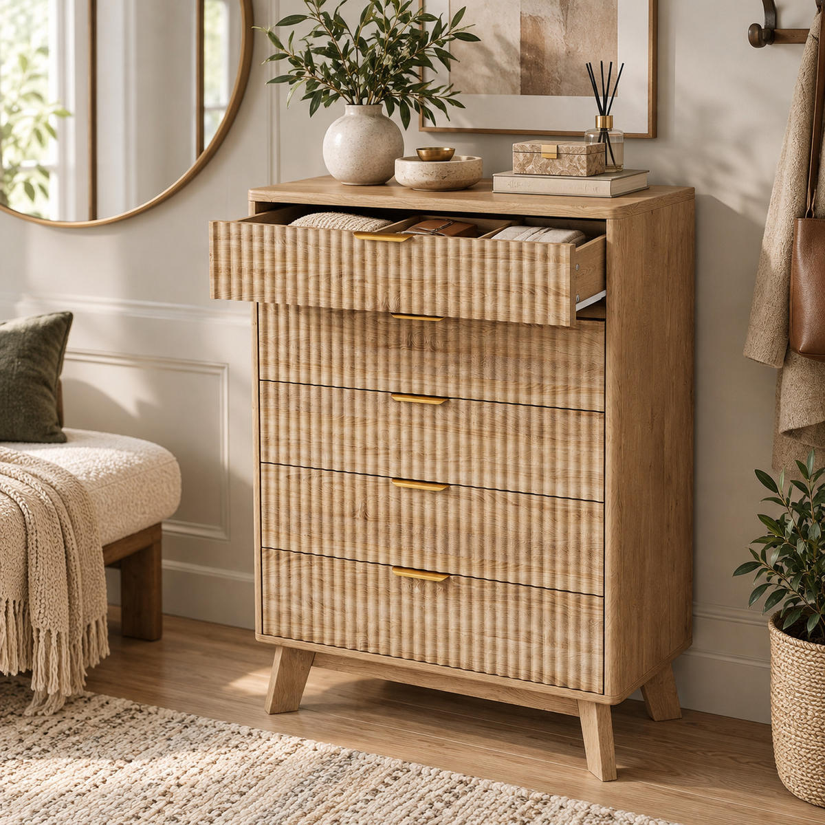 KOMMODE mit vertikaler Rillenfront, 5 Schubladen Stauraum, Eiche hell, 40/73/108cm - Eichefarben, Holz (73/108/40cm) - Joyfair