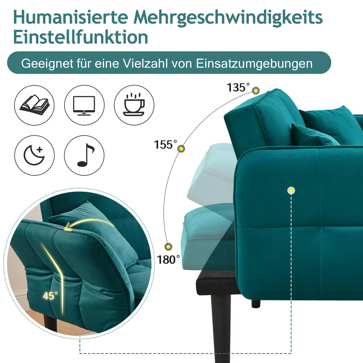 SCHLAFSOFA Samtbezug mit verstellbaren Rückenlehnen und klappbaren Armlehnen Antik Blaugrün 176/78/76 cm - Grün, Textil (78/76/176cm) - Redom