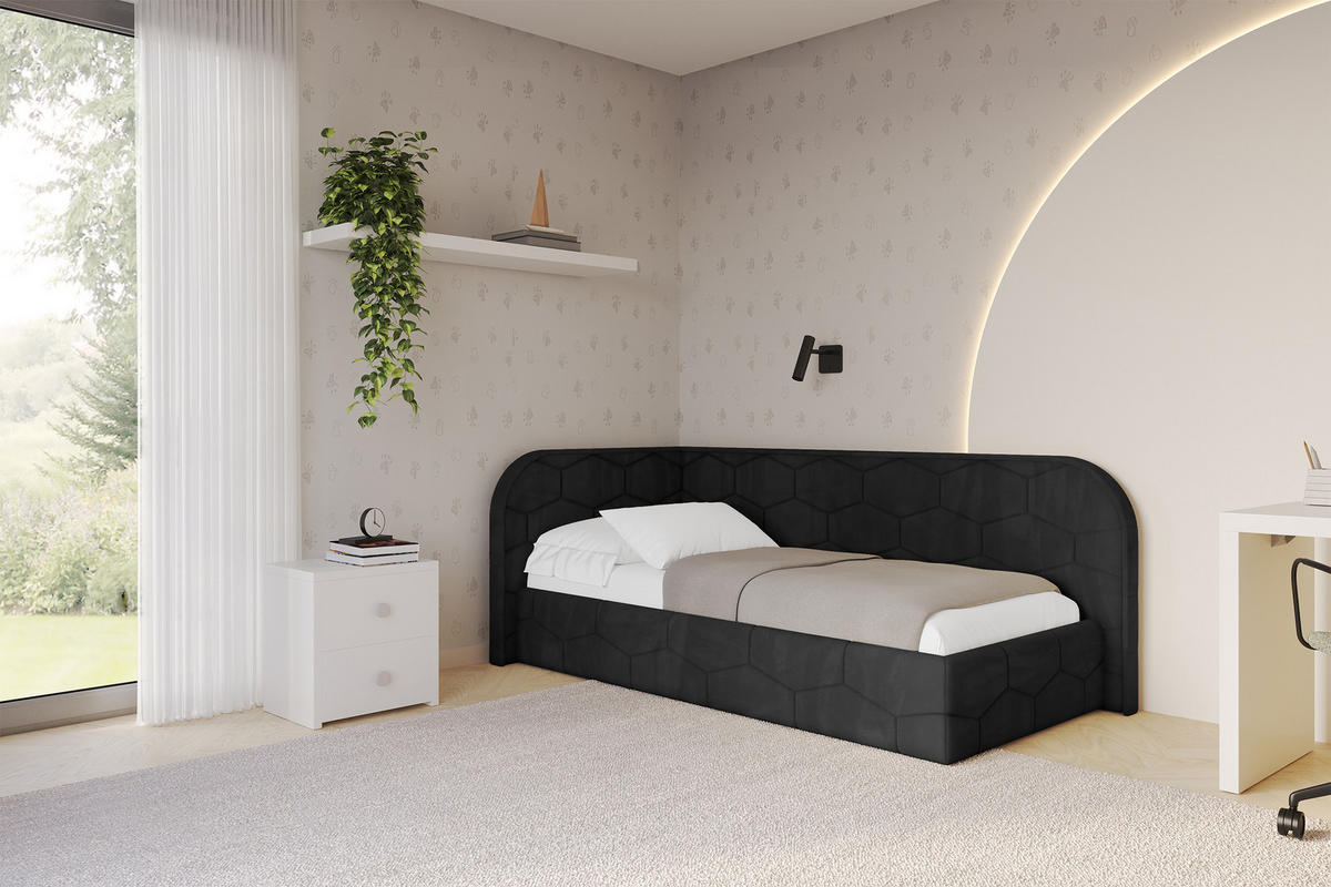 EINZELLBETT Jugendbett mit Bettkasten und Matratze H3/H4, Rechts - JAXY 90x200 Schwarz - Anthrazit, Holzwerkstoff/Textil (90/200cm) - ALTDECOR