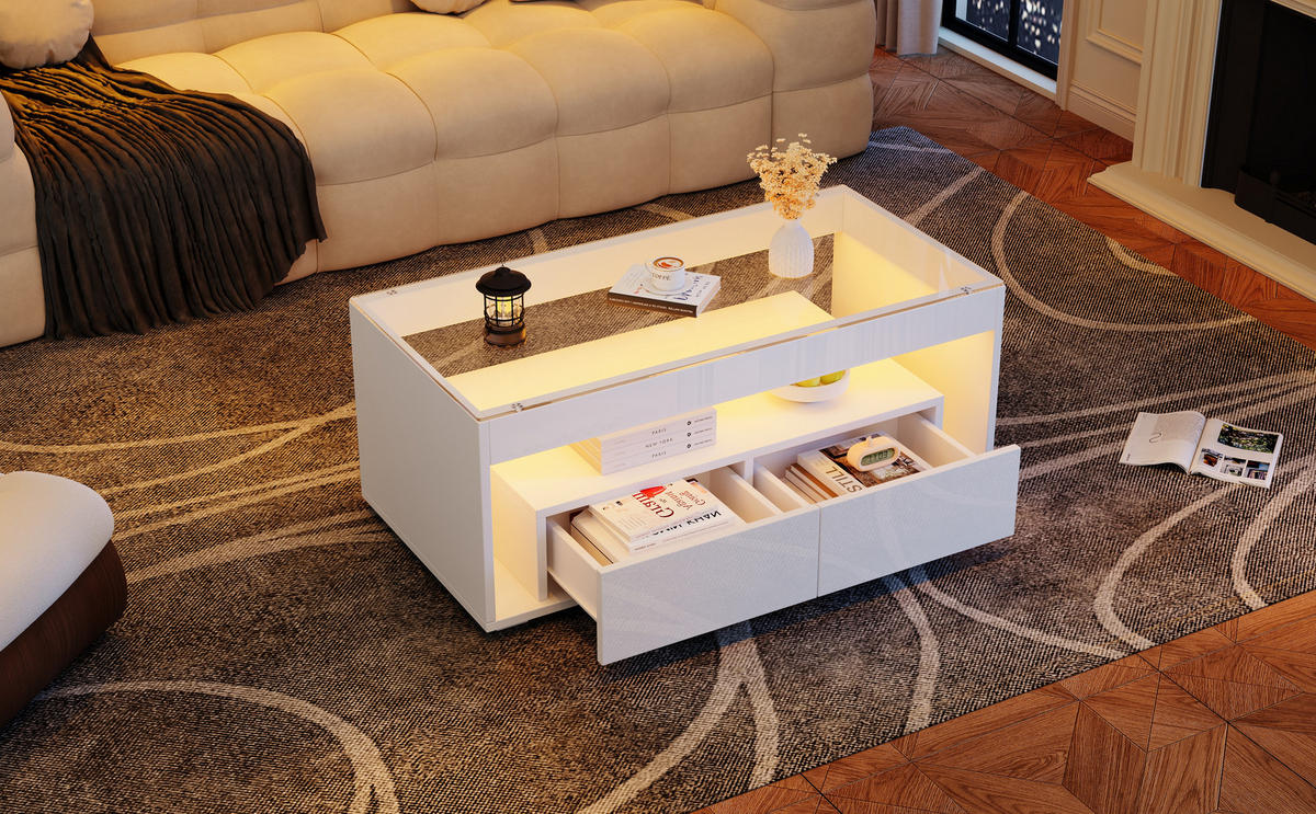 COUCHTISCH, Hochglanz Weiß mit 2 Schubladen, LED-App-gesteuert, gehärtetes Glas, 100/50/40 cm,Weiß - Weiß, Holzwerkstoff (100/50/40cm) - Redom