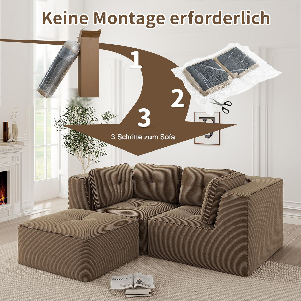 3-SITZER mit modularer Gestaltung und beweglicher Fußstütze aus Cord - Braun, Textil (208/69/177cm) - EVRYAE
