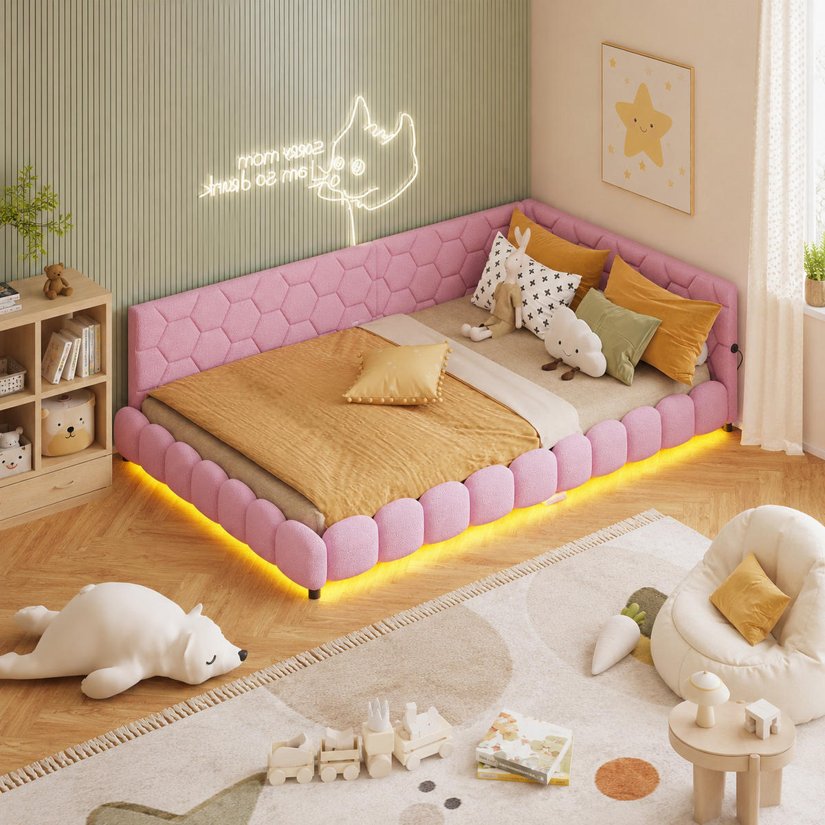 SCHLAFSOFA Lammwolle rosa mit LED-Beleuchtung, USB & Type-C Ladeanschluss, gepolsterter Eckkopfteil - Dunkelrosa, Metall (151.5/67.5/210cm) - Joyfair