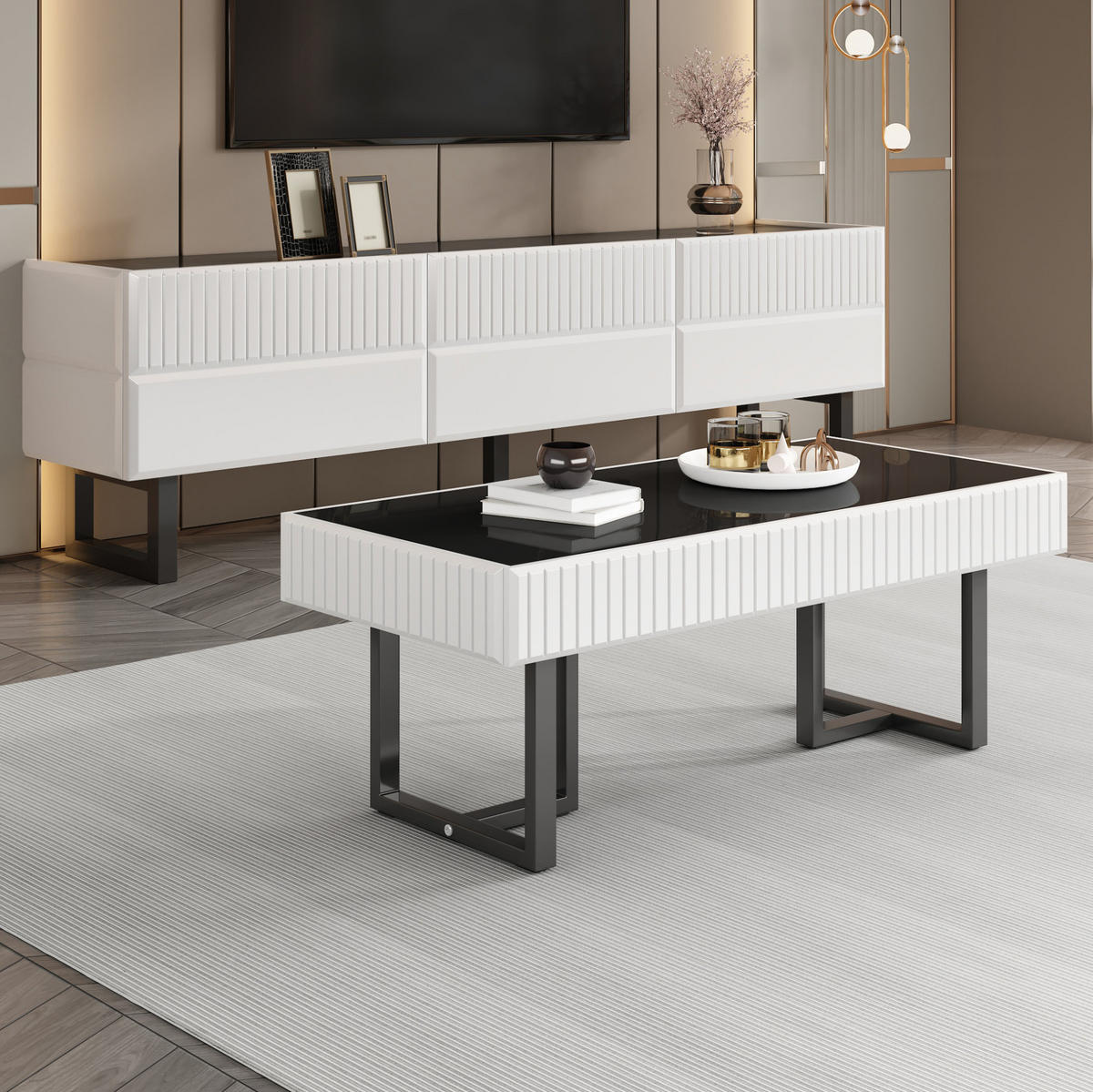 COUCHTISCH- und TV-Möbel-Set 170/35/47 cm und 110/50,5/41 cm mit Stauraum und Hochglanz-Oberfläche, Schwarz/Weiß - Schwarz, Holzwerkstoff (170/47/35cm) - Redom