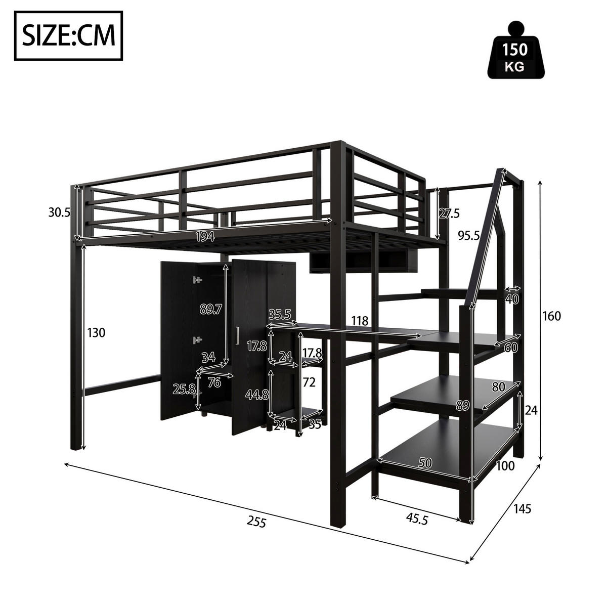 HOCHBETT 140/200 cm Schwarz aus Metall und MDF mit Schreibtisch - Schwarz, Metall (140/200cm) - OKMYHOME