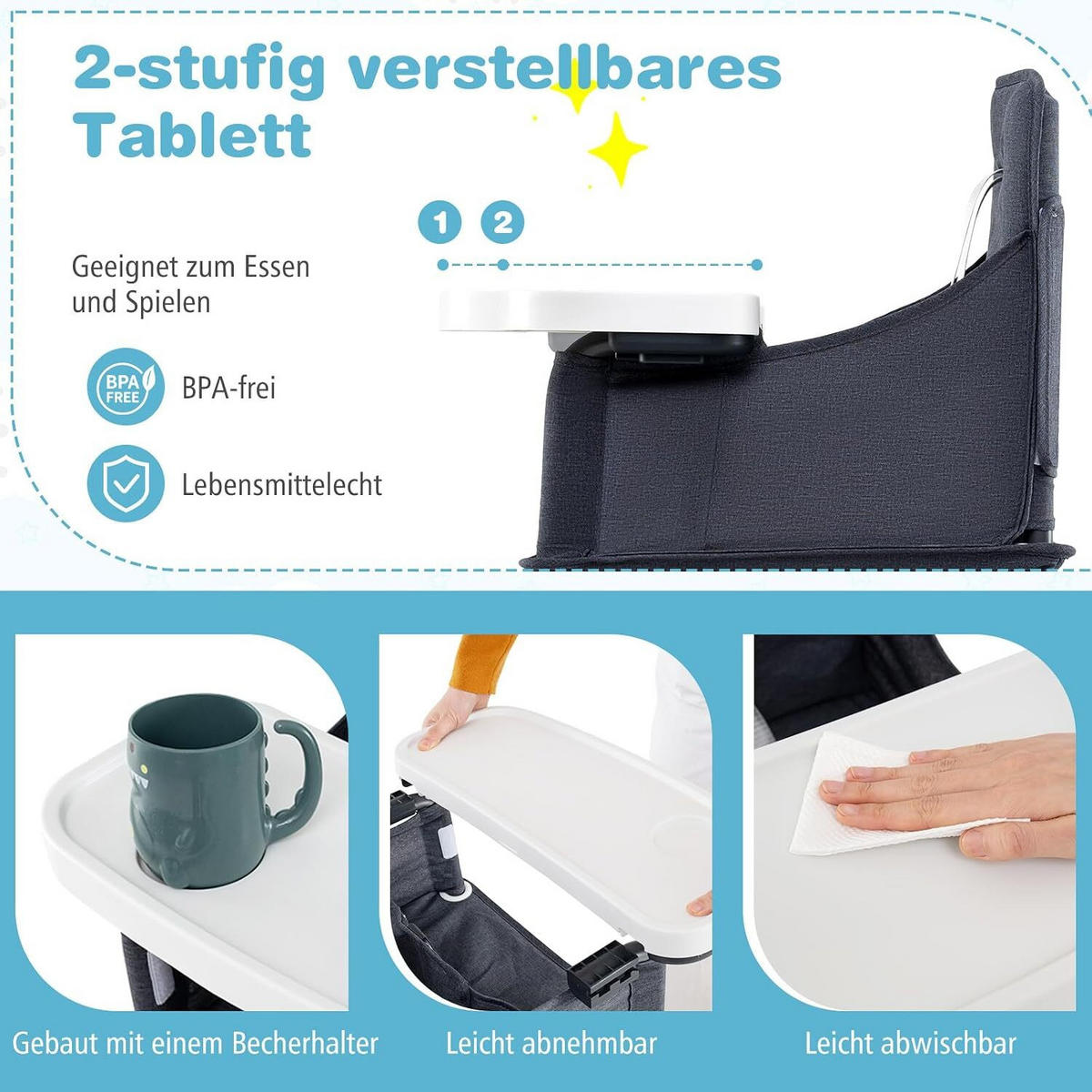 BABYHOCHSTUHL mit Tragetasche grau - Grau, Textil (58/96/57cm) - COSTWAY
