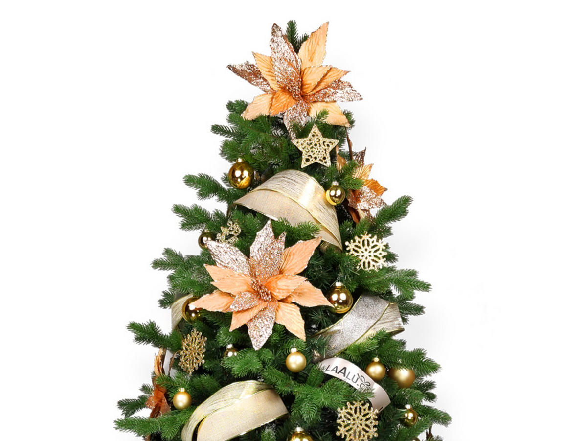 WEIHNACHTSBAUM geschmückt künstlich mit 152 Stk Kugeln GOLD GLITTER II 270 cm mit Metallständer - Goldfarben/Braun, Kunststoff (270cm) - LAALU