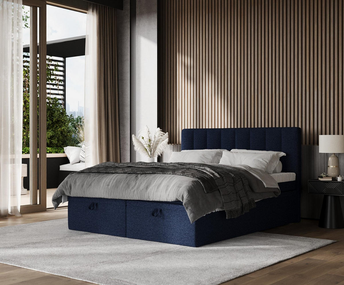 BOXBETT Lume 200/200 cm Marineblau im Riva Stoff - Schwarz/Dunkelblau, Holz/Holzwerkstoff (200/200cm) - AltaBeds