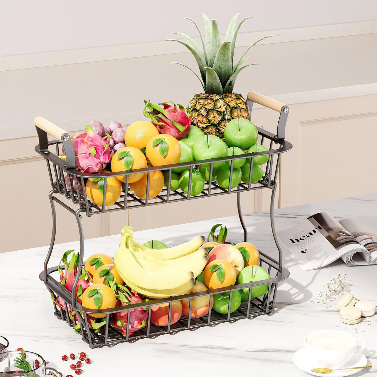 OBSTKORB - Schwarz, Holz/Metall (34cm) - Relaxdays