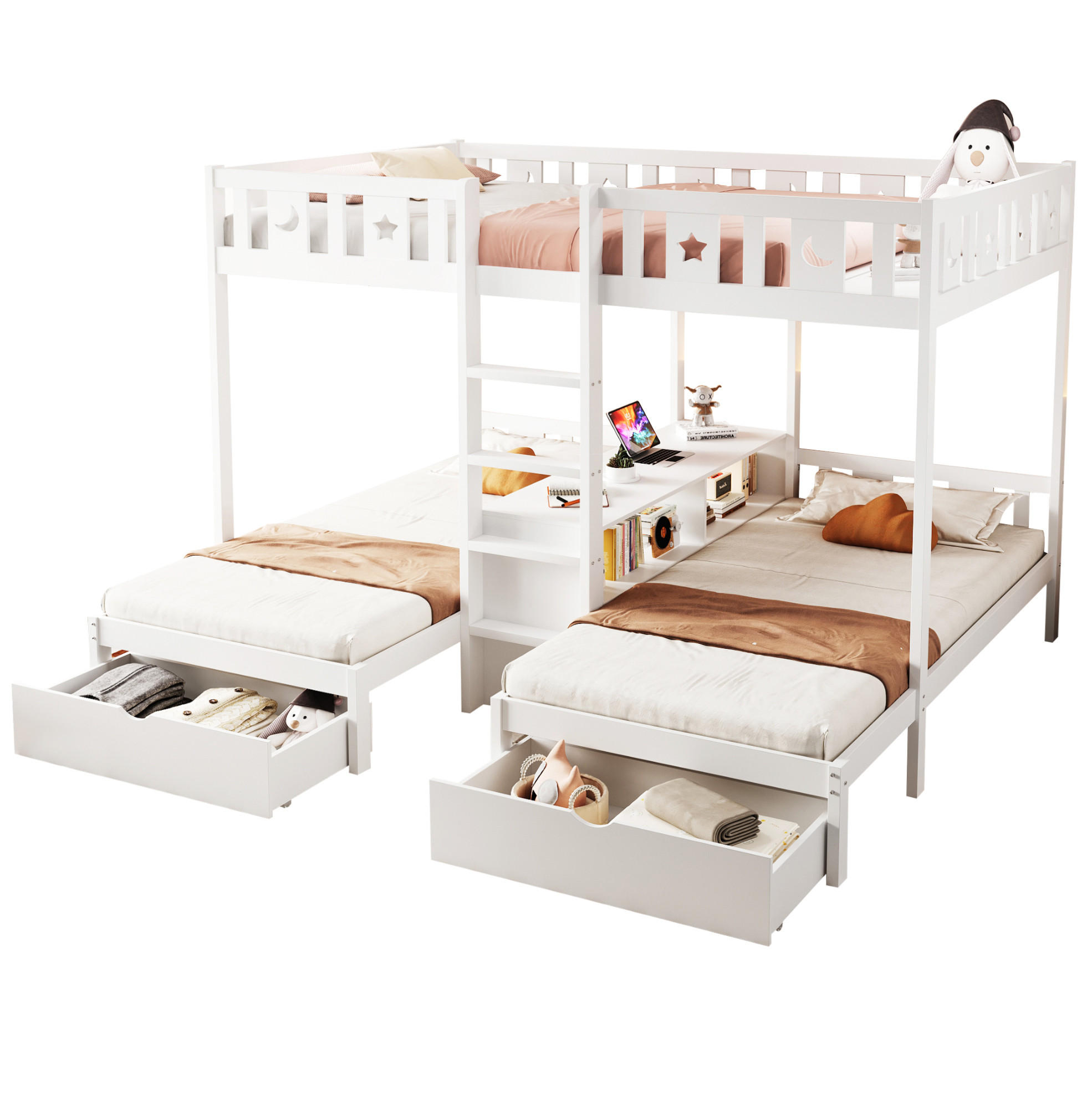 ETAGENBETT 90/200 cm & 140/200 cm mit Leiter, Stauraum und 2 Schubladen, Stern- und Monddesign, Weiß - Weiß, Holzwerkstoff (90/200cm) - Redom