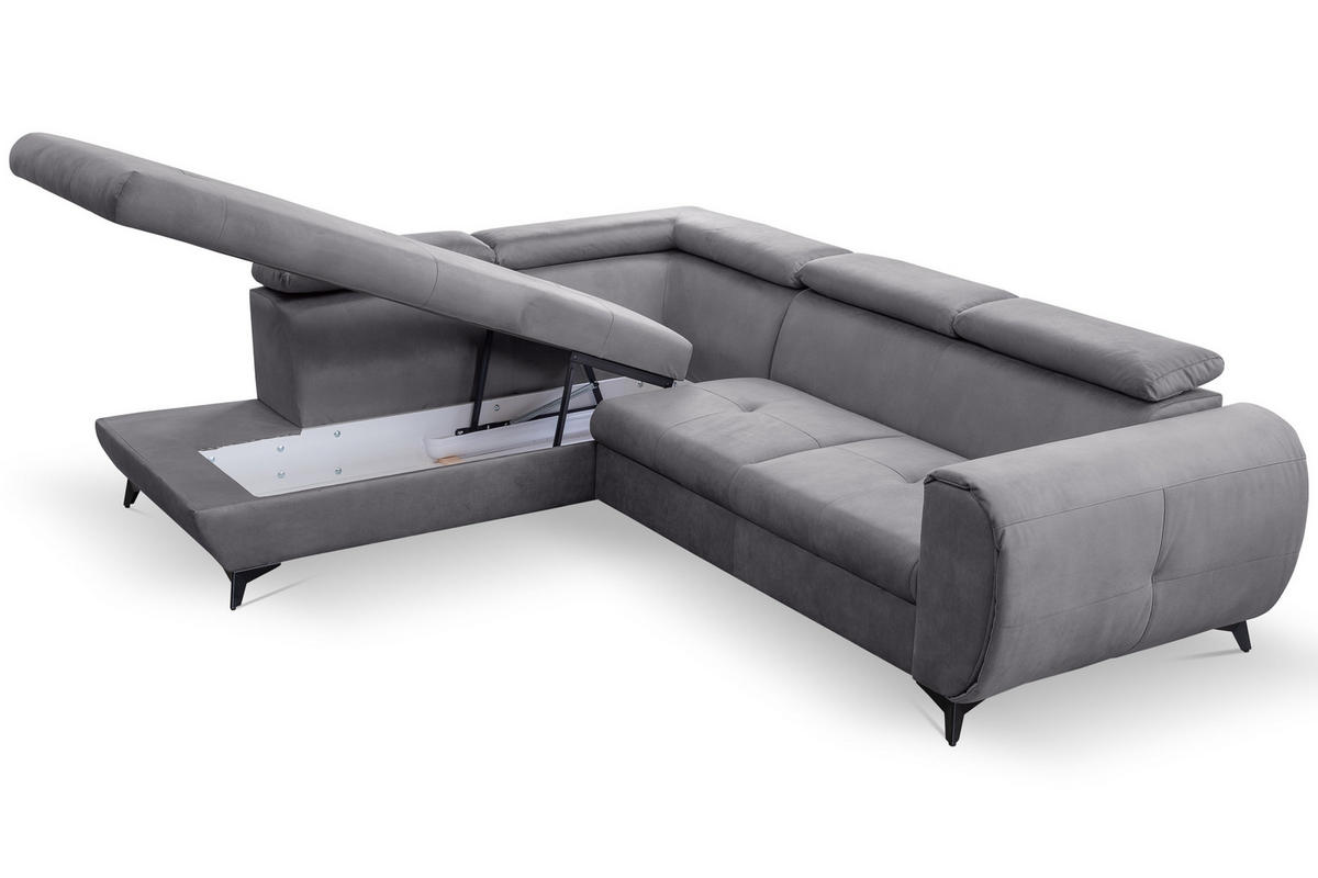 ECKSOFA MAGIA L-S Grau Plüsch-Stoff mit Schlaffunktion - Grau, Holz (260/217cm) - MASSENO