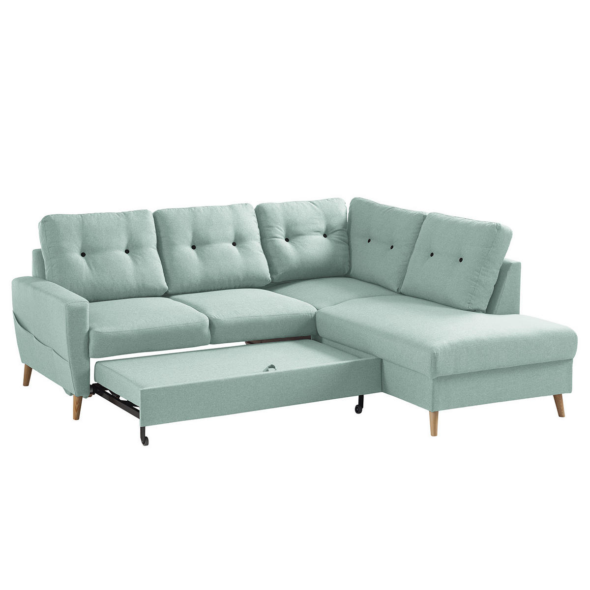ECKSOFA mit Ottomane - Webstoff - Hellbraun/Mintgrün, Holz/Textil (230/200cm) - home24