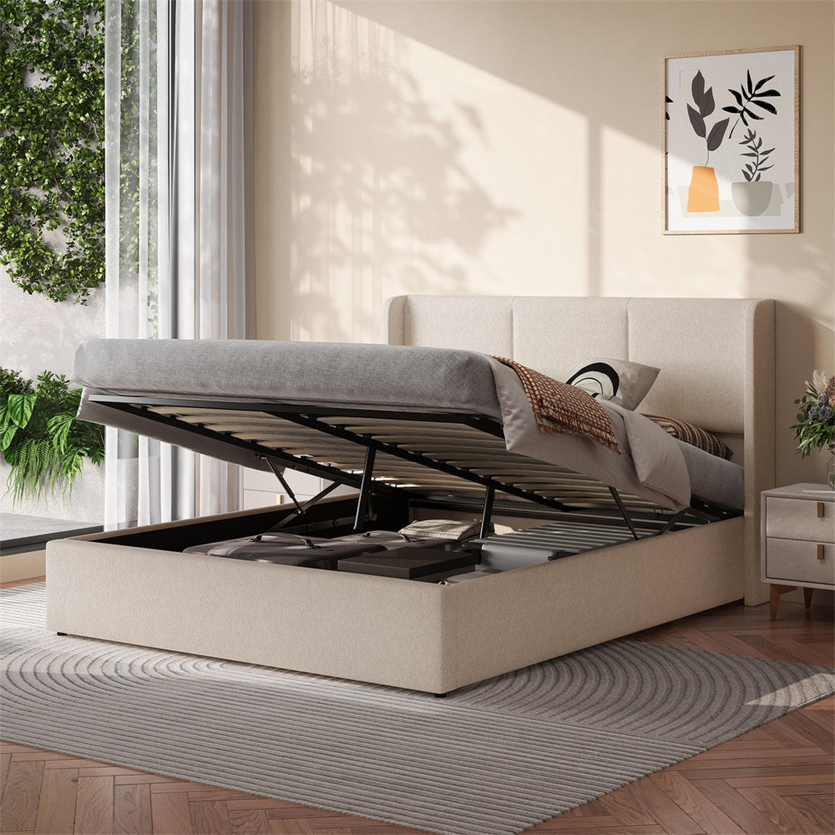 POLSTERBETT 160x200 cm mit hydraulischem Stauraum - Gepolstertes Kopfteil - ohne Matratze - Leinen - Beige - Beige, Textil (160/200cm) - DELFA