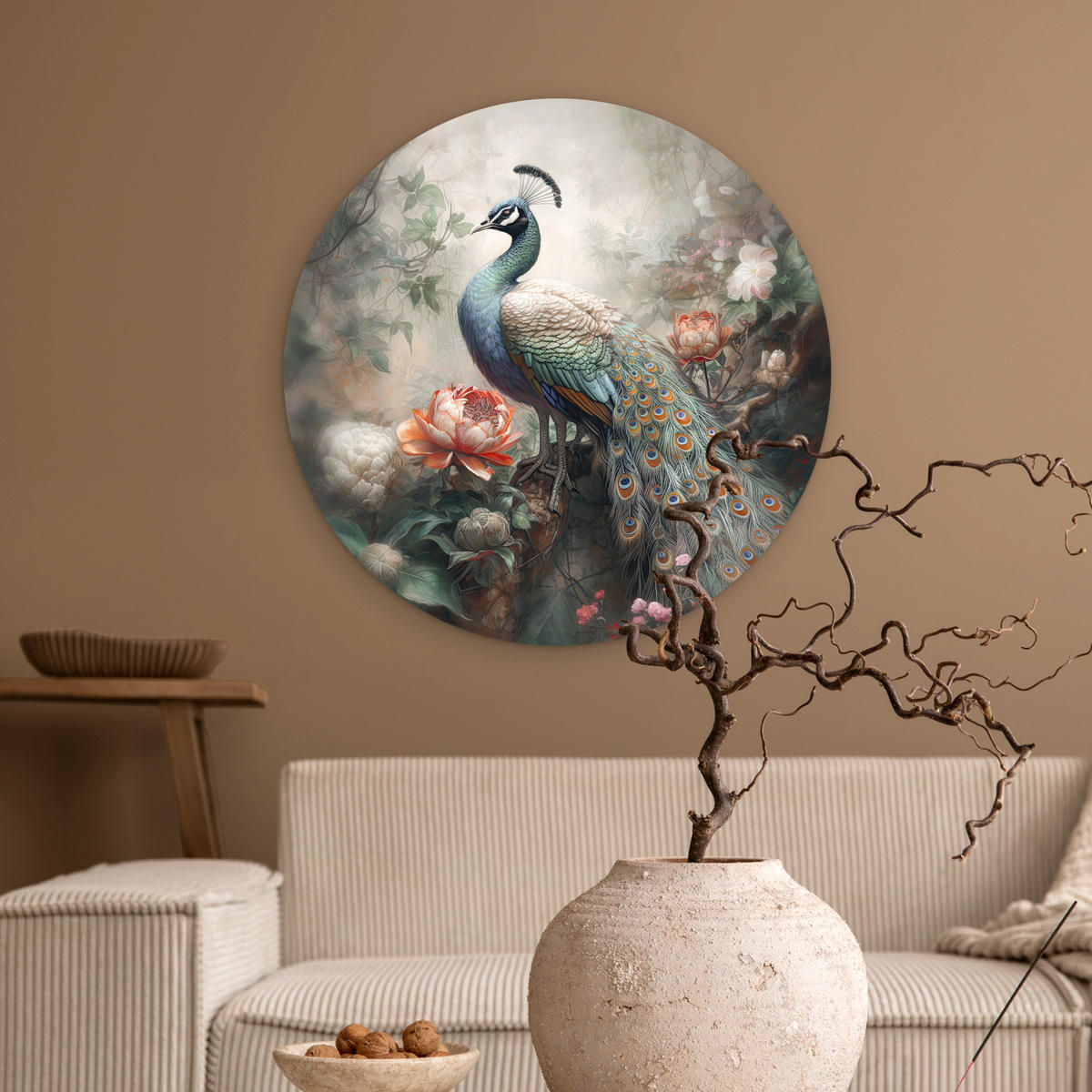 WANDBILD Pfau - Pfauenfedern - Vogel - Dschungel - Blumen 60x60 cm - Smaragdgrün, Kunststoff (60/60cm) - MuchoWow