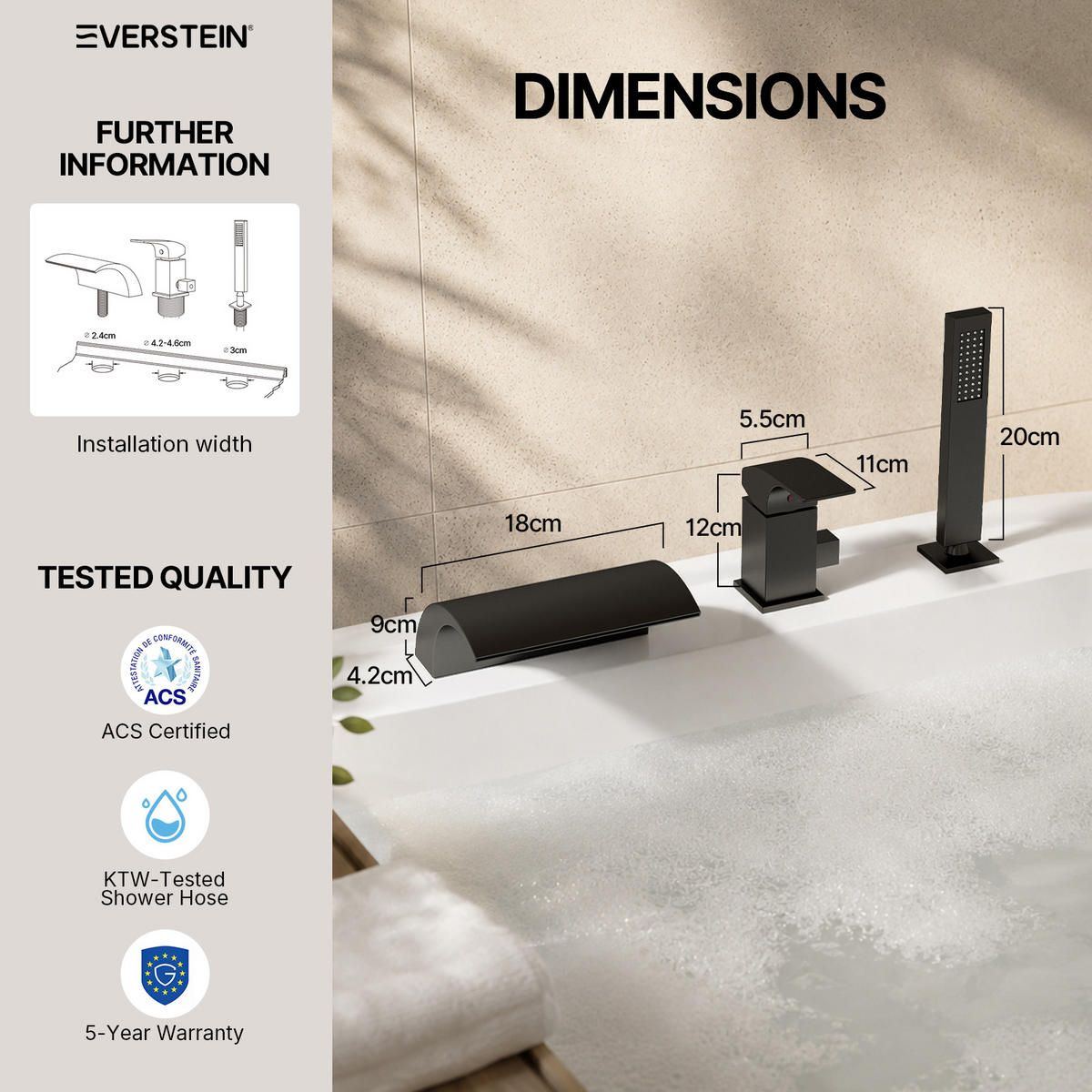BADEWANNENARMATUR SFS-5004 Schwarz Matt, 3-Loch, Wasserfallauslauf 180 mm, Handbrause 200 mm, Einhebel - Schwarz, Metall (9/20/18cm) - Everstein