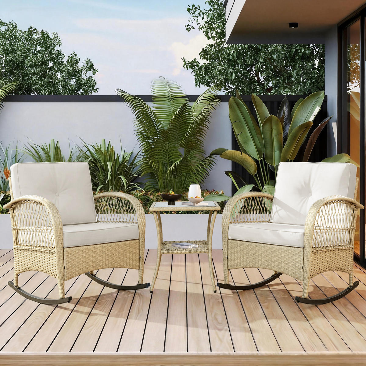BALKONSET Rattan 3tlg Schaukelstuhl Kissen Beige 160kg - Beige, Metall - FLIEKS