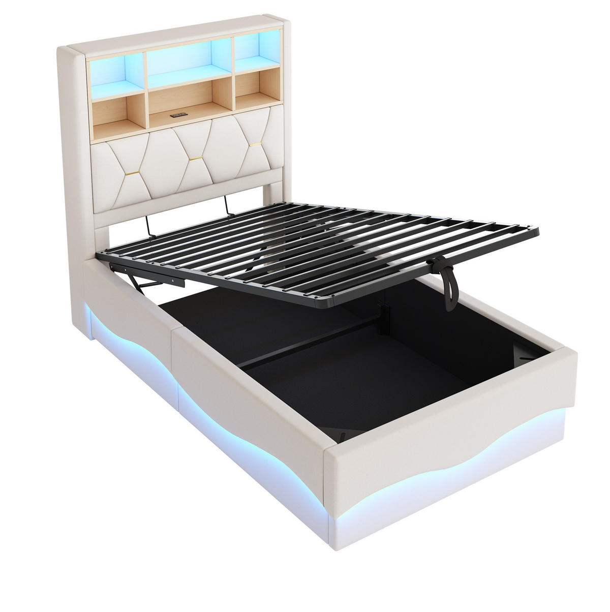 KINDERBETT 90/200 cm in Beige mit Stauraum, LED-Beleuchtung und USB-Anschluss - Beige, Metall (90/200cm) - Flora Grace