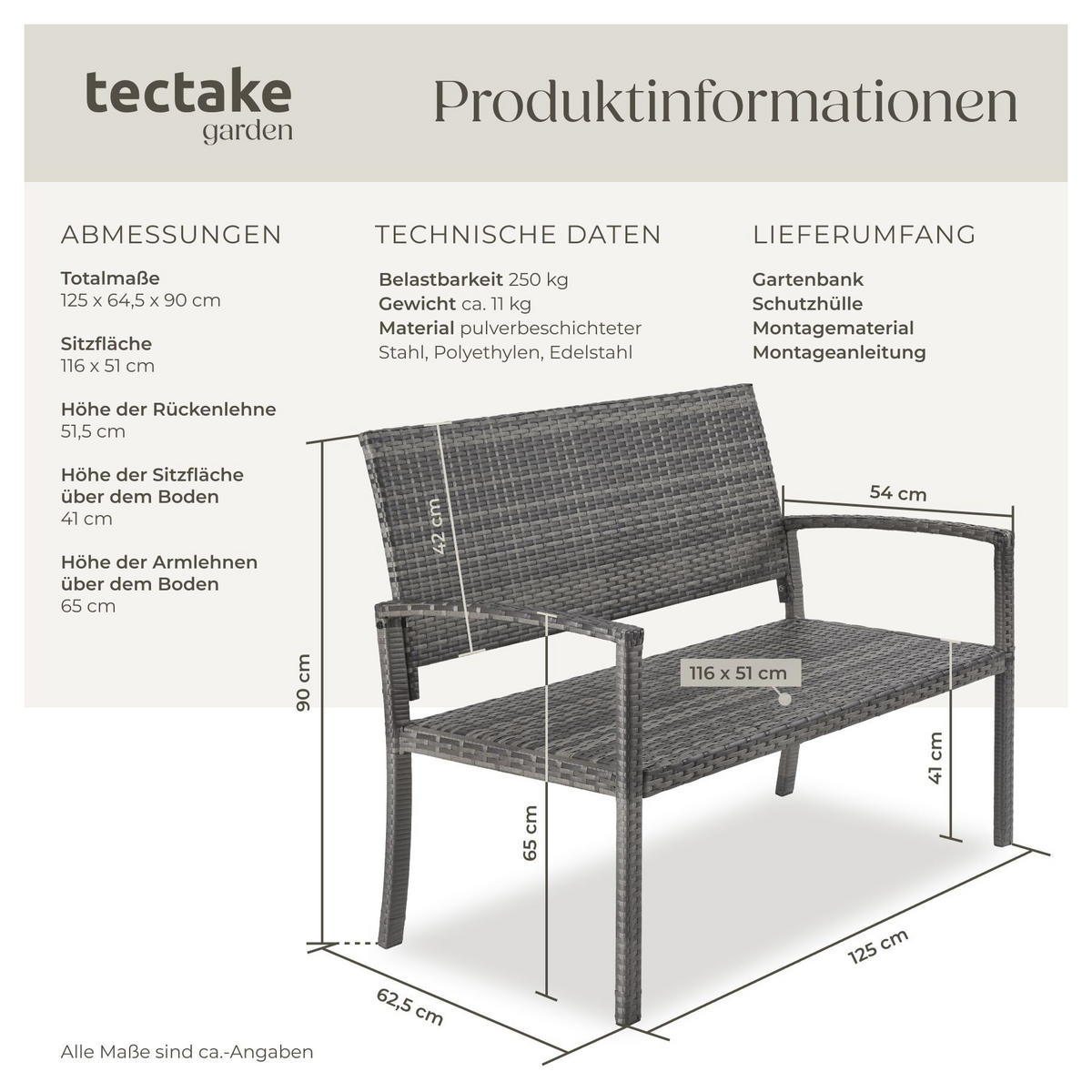 RATTAN-GARTENBANK Murat, 125 x 62,5 x 90 cm, inklusive Schutzhülle, grau - Grau, Kunststoff (125/90/62.5cm) - tectake