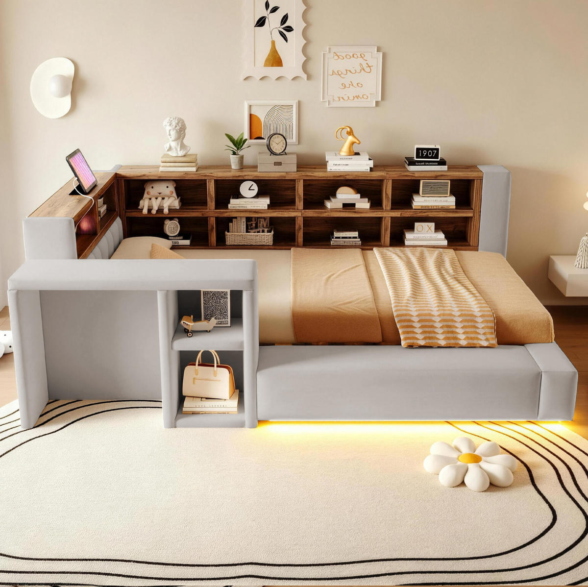 POLSTERBETT 90/200 cm aus Samtstoff mit LED und Steckdosen Hellgrau - Hellgrau, Textil (90/200cm) - OKMYHOME