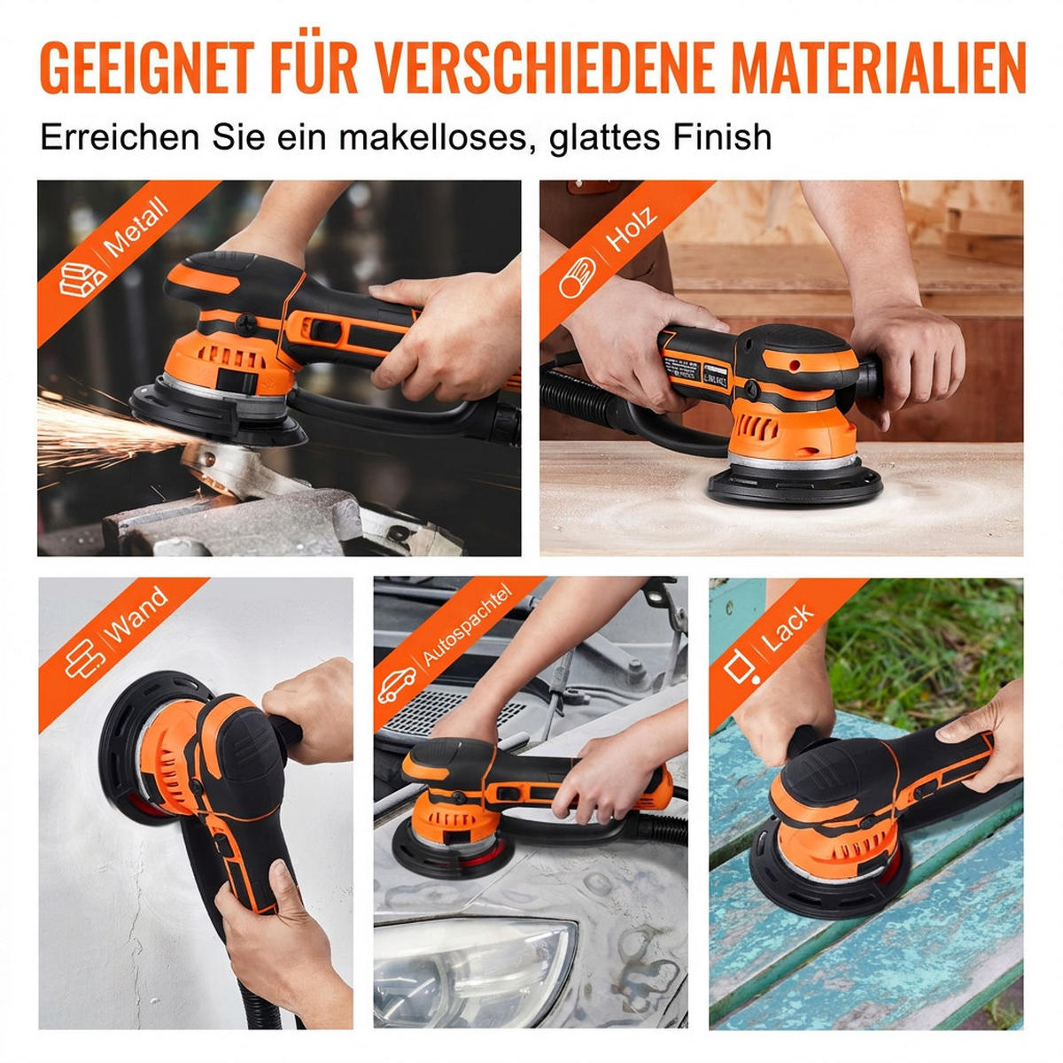 SCHLEIFMASCHINEN UND ZUBEHÖR 11-tlg 150mm Exzenterschleifer 850W 6-Stufen mit Staubabsaugung - Orange, Metall (20/30/10cm) - Raelunyi