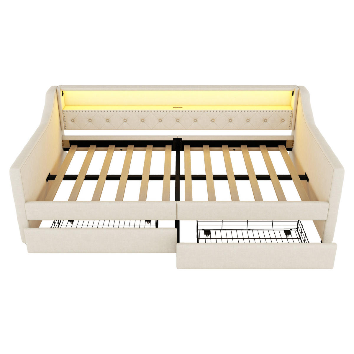 TAGEBETT 90x200cm Beige Leinen Ambientelicht 2 Schubladen USB - Beige, Holz (90/200cm) - FLIEKS