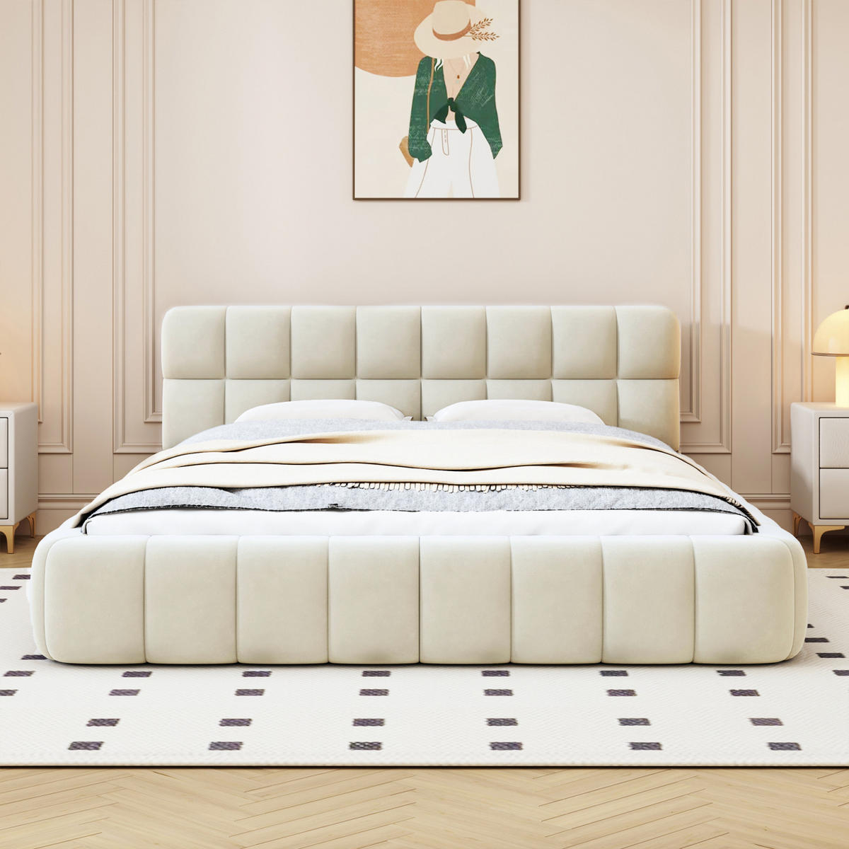 POLSTERBETT 140x200 cm im Bubble-Stil, Lattenrost, Leinen, Beige - Beige, Metall (140/200cm)