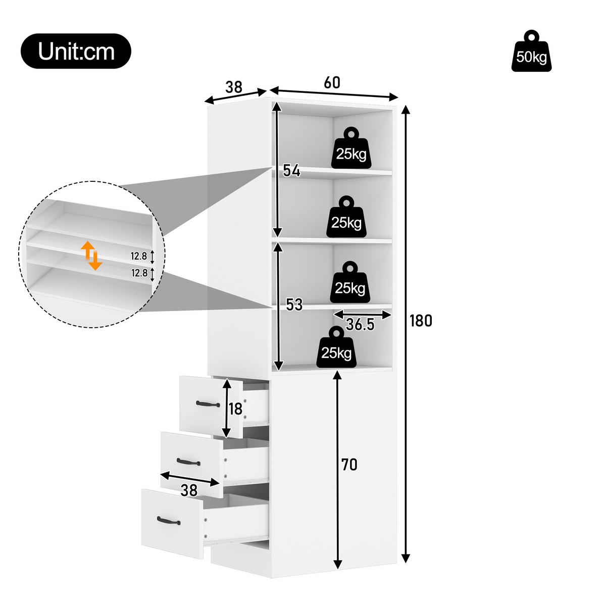 BÜCHERREGAL 180cm schmal Schubladen verstellbar modern - Weiß, Holzwerkstoff (60/180/38cm) - FLIEKS