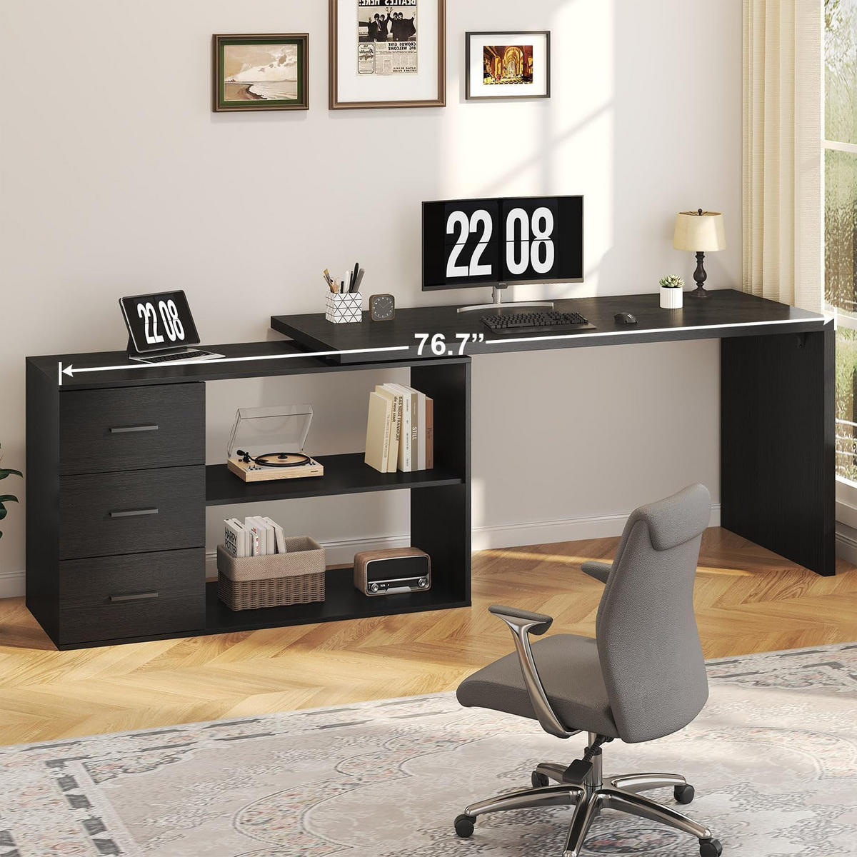 SCHREIBTISCH drehbar mit Schubladen 140 x 50 x 76 cm - Schwarz, Holzwerkstoff/Metall (50/140/76cm) - Quality Elegance