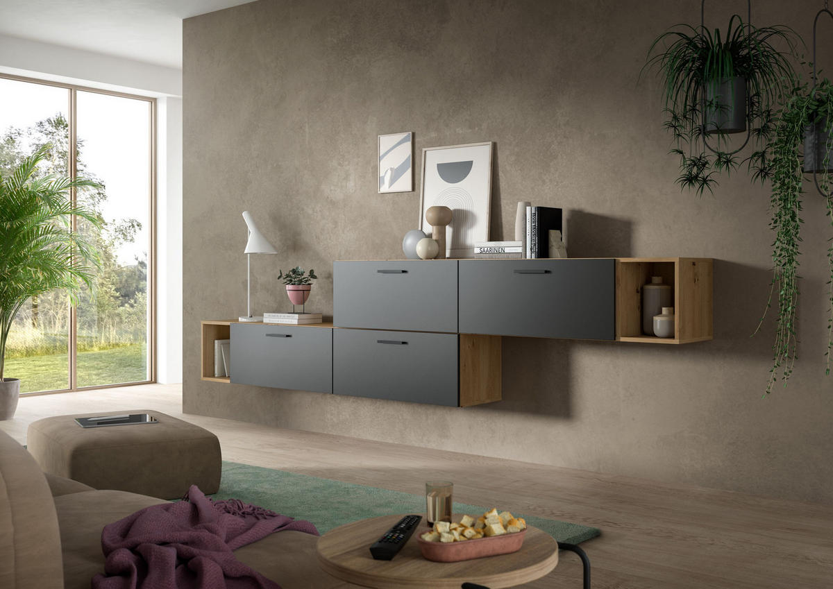 WOHNWAND Primo 2 tlg. (B/H/T: ca. 276/97/34 cm) in Artisan Oak /Basalt grau - Eiche Artisan, Holzwerkstoff (276/97/34cm)