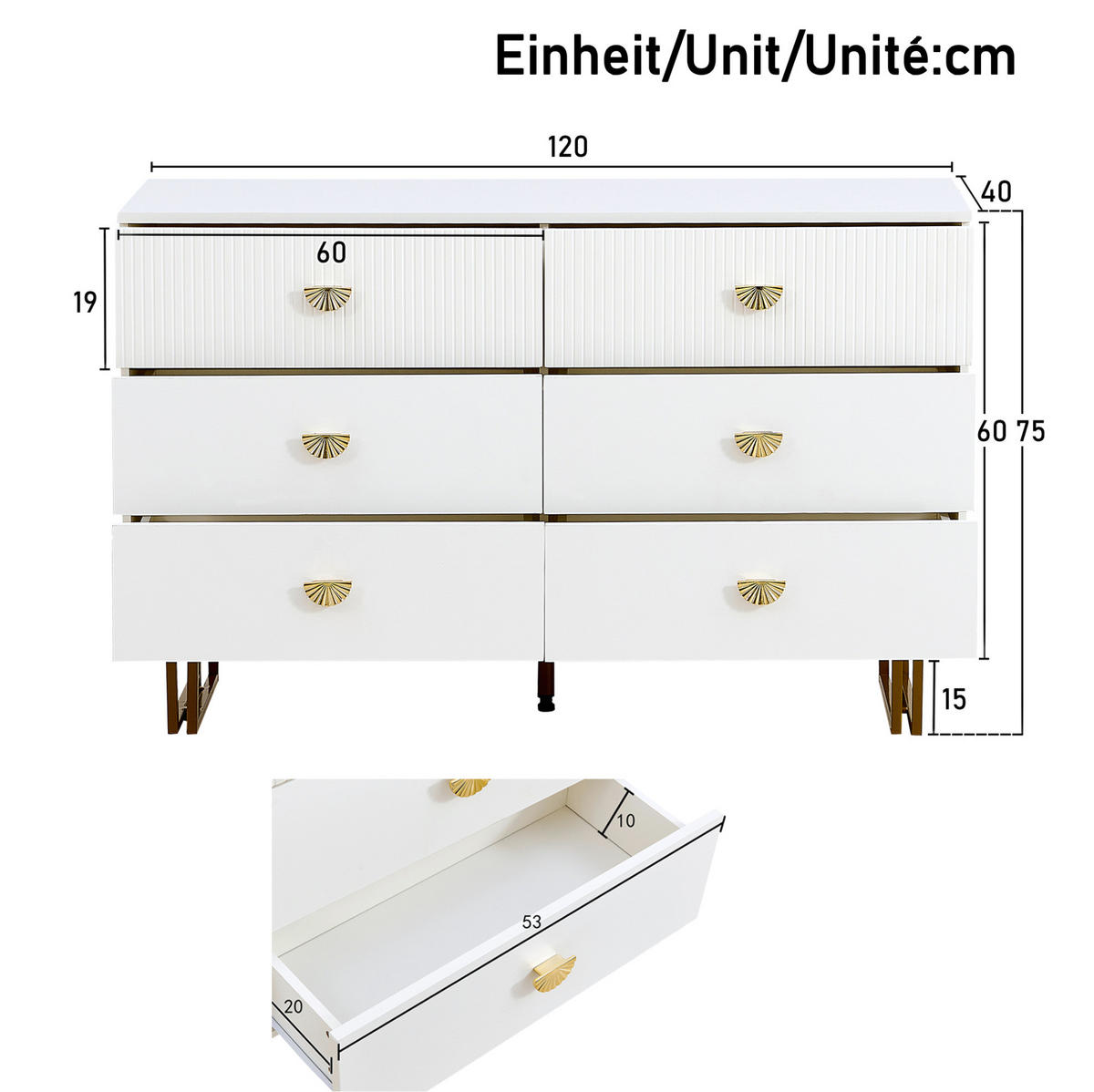 KOMMODE aus MDF 120x40x75cm in Weiß mit 6 Schubladen & Spiegel - Weiß, Holzwerkstoff (120/75/40cm) - Modfu