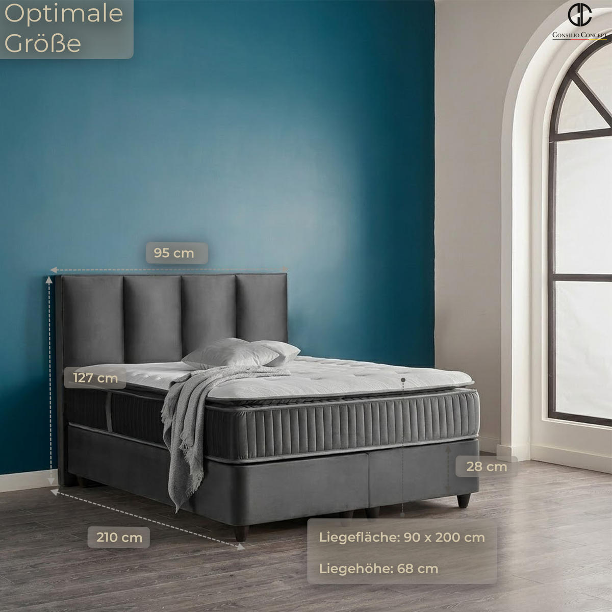 BOXSPRINGBETT MIT BETTKASTEN NAPOLI 90/200 cm, Schwarz, Bettkasten, Matratze, Topper integriert, H3 mittel - Schwarz/Braun, Holz/Kunststoff (90/200cm) - Consilio Concept