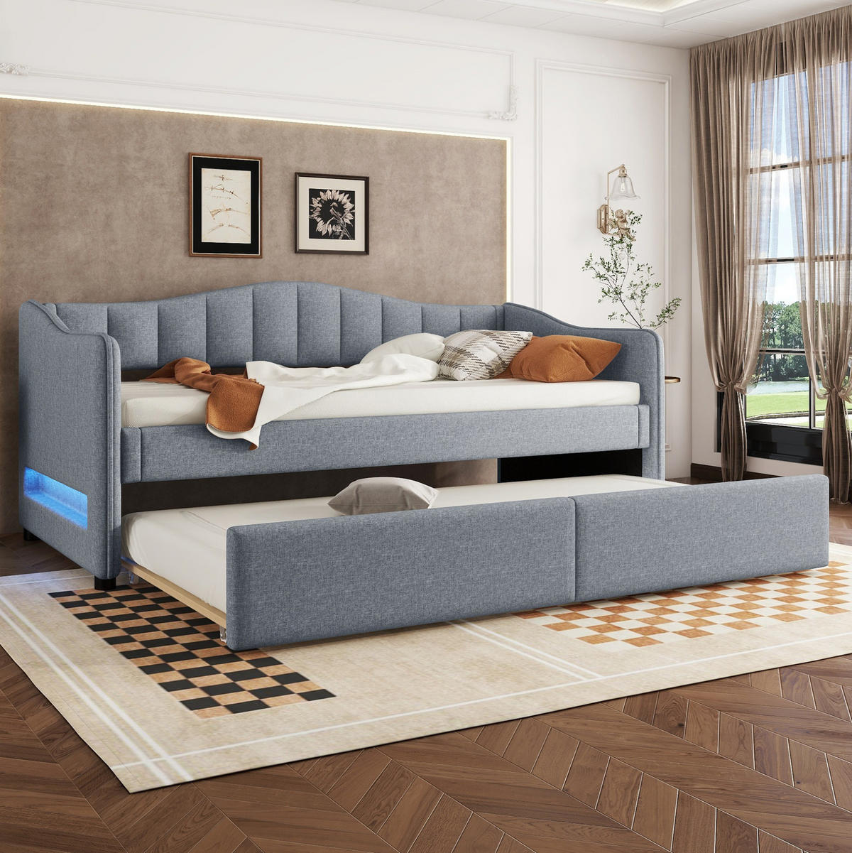 POLSTERBETT 90/200 cm Grau aus Leinen mit ausziehbarem Rollbett - Grau, Textil (90/200cm) - OKMYHOME