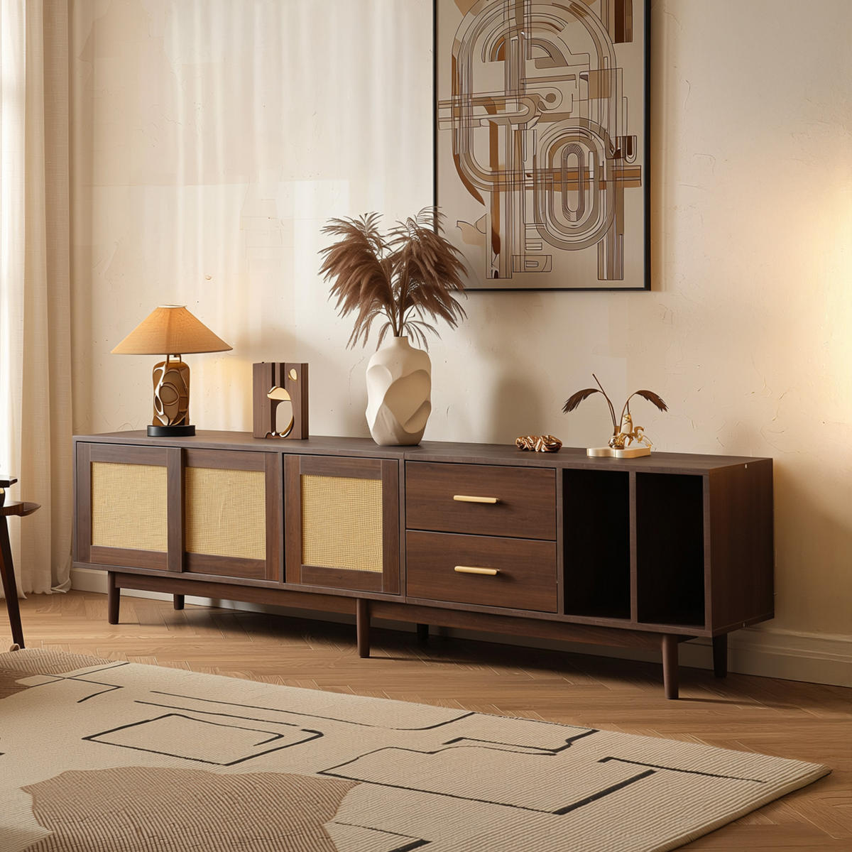 TV-SCHRANK 190 cm Braun & Rattan mit Schiebetüren, 2 Schubladen & 6 Füßen im Retro-Design - Braun, Holzwerkstoff (190/52/40cm) - Urban Meuble