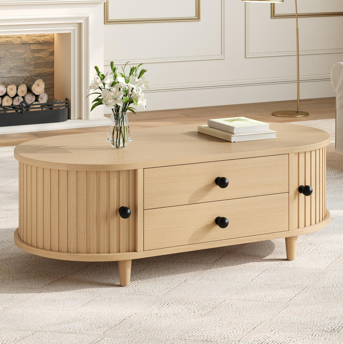 COUCHTISCH 100/50/36 cm Naturholz aus MDF mit Rolltüren und 2 Schubladen - Naturfarben, Holzwerkstoff (50/100/36cm) - OKWISH