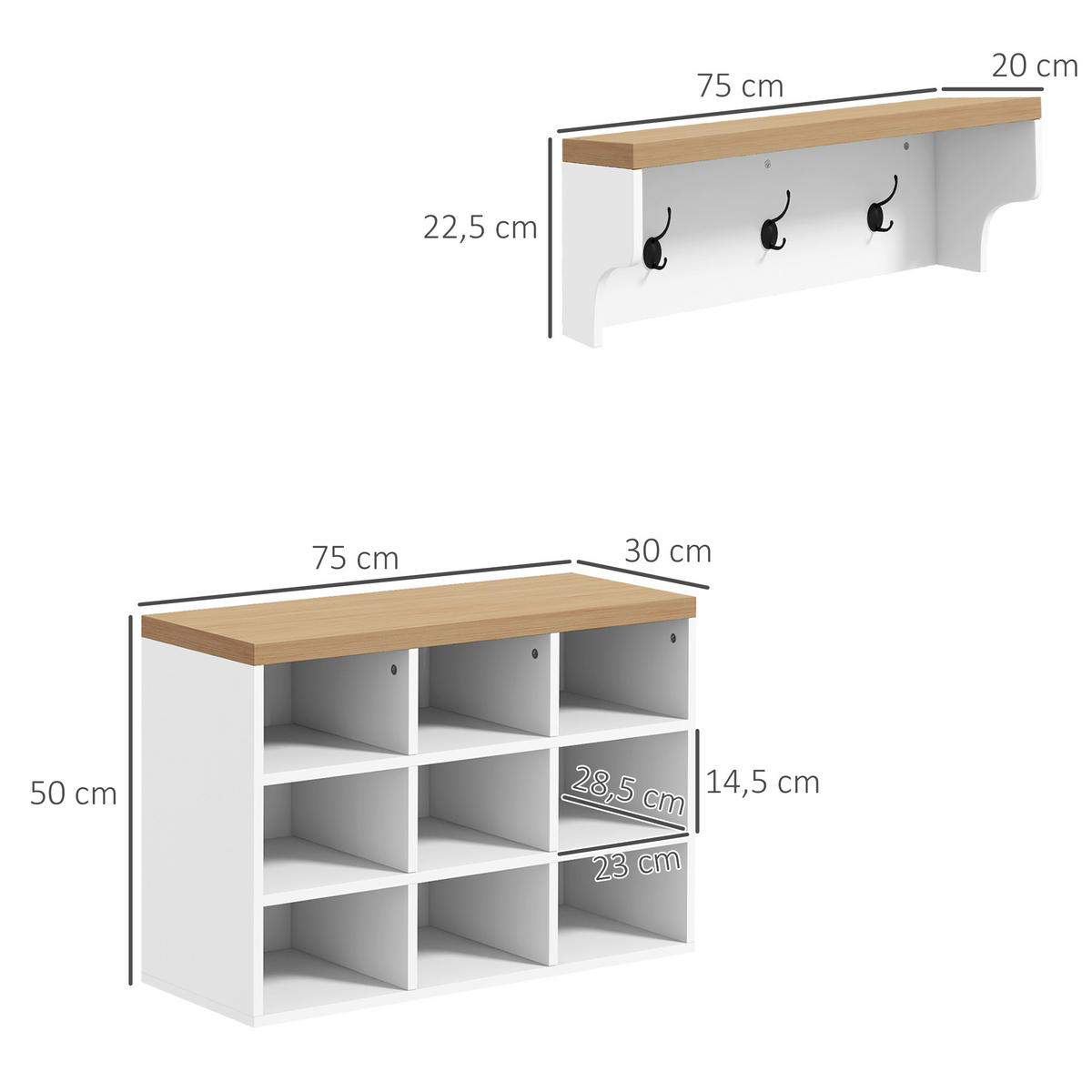 GARDEROBE DE-16795 Weiß & Eiche - Weiß, Holzwerkstoff (30/50/75cm) - ComfortXL