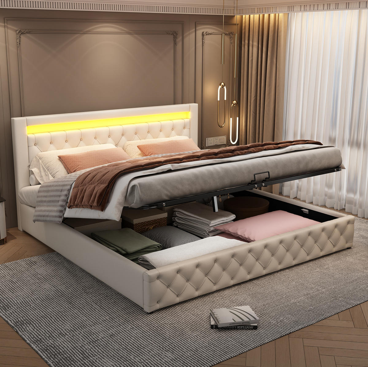 POLSTERBETT 180/200 cm Weiß Funktionsbett mit Stauraum und LED-Beleuchtung - Weiß, Kunststoff (180/200cm) - OKWISH