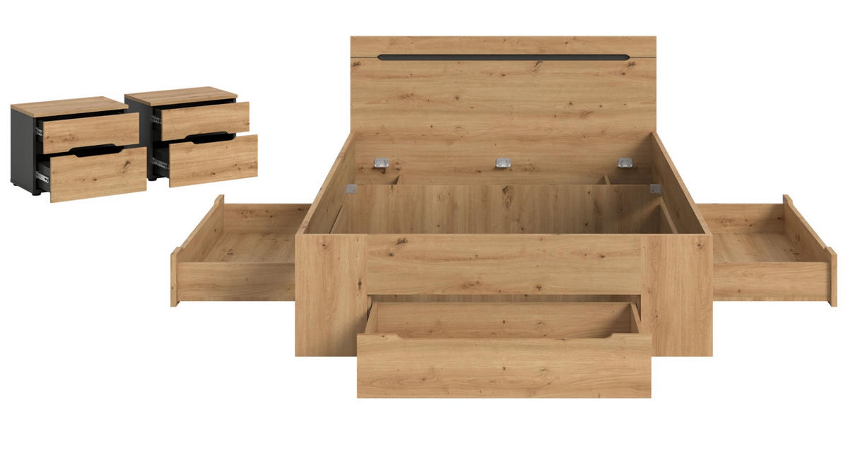 SCHLAFZIMMER Set 3-teilig Eiche Artisan, grau, Kombination mit Bett 140 x 200 cm und 2x Nachttisch - Eiche Artisan/Grau, Holzwerkstoff/Metall - Inn.Furn