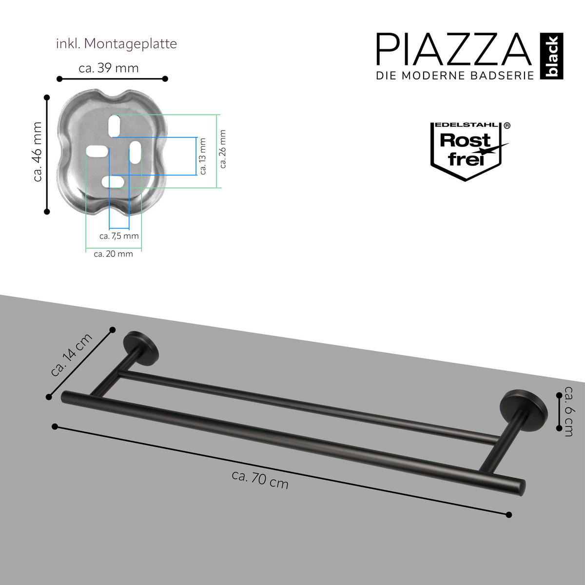 BADETUCHSTANGE PIAZZA BLACK, schwarz - Schwarz, Kunststoff (70/6/14cm) - bremermann