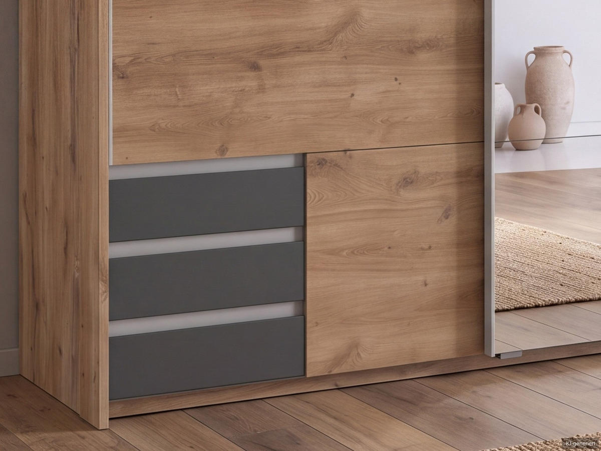 SCHWEBETÜRENSCHRANK 2-türig B183/H200/T65 cm, Passepartout-Kleiderschrank in Eiche Dekor mit Spiegel, 1x Tür & sichtbare Schubkästen in Grafit / 22713 - Eichefarben/Alufarben, Holz/Holzwerkstoff (183/200/65cm) - luma-home