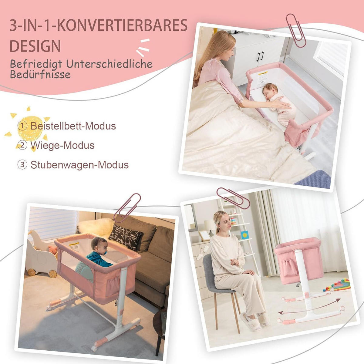 BABYWIEGE mit Wiege rosa - Pink, Textil - COSTWAY