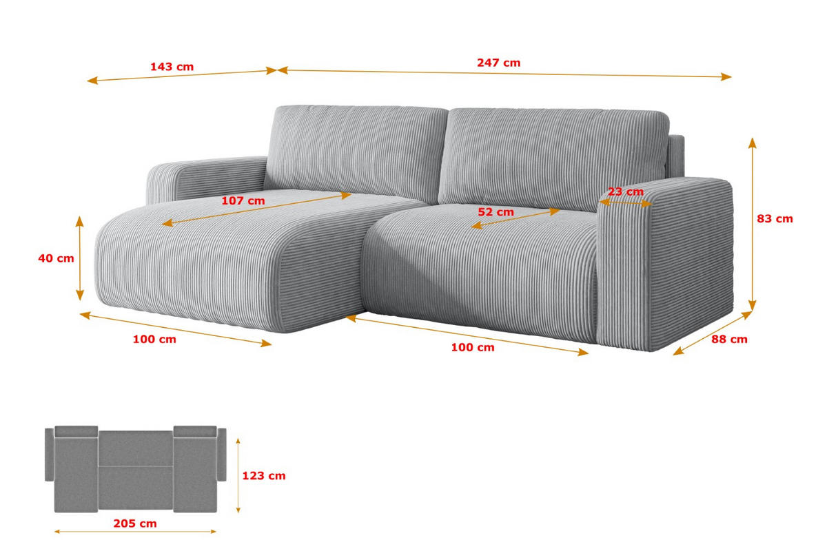 ECKSOFA mit Schlaffunktion und Bettkasten KLEEA-L - 247x143x83 cm Grau Cord - Schwarz/Grau, Holzwerkstoff/Kunststoff (247/143cm) - ALTDECOR