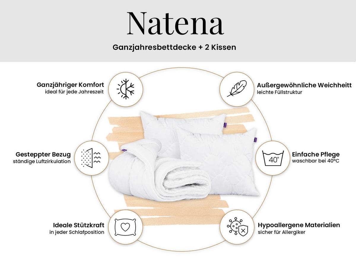 GANZJAHRESBETTDECKE hypoallergene NATENA 200/220 mit Kopfkissen 40/80 - Weiß, Textil (200/220cm) - MKS