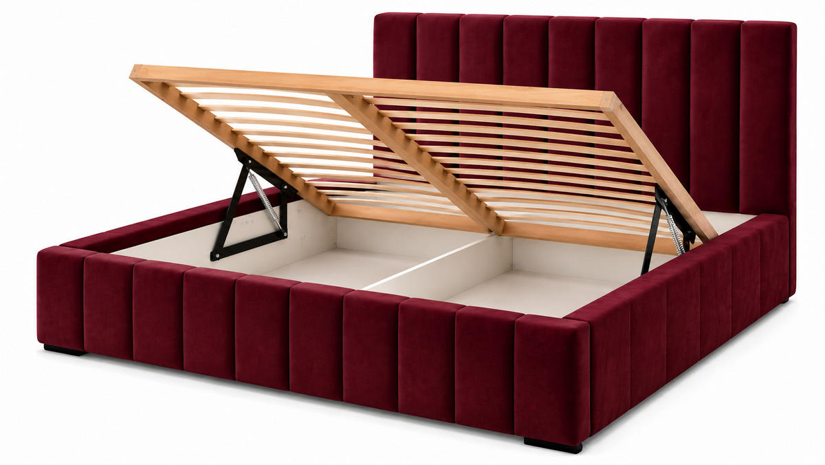 MARPUR Polsterbett NERO 120x200 cm mit Bettkasten und Lattenrost, Bordeaux - Chromfarben/Bordeaux, Holz/Holzwerkstoff (120/200cm) - Marpur