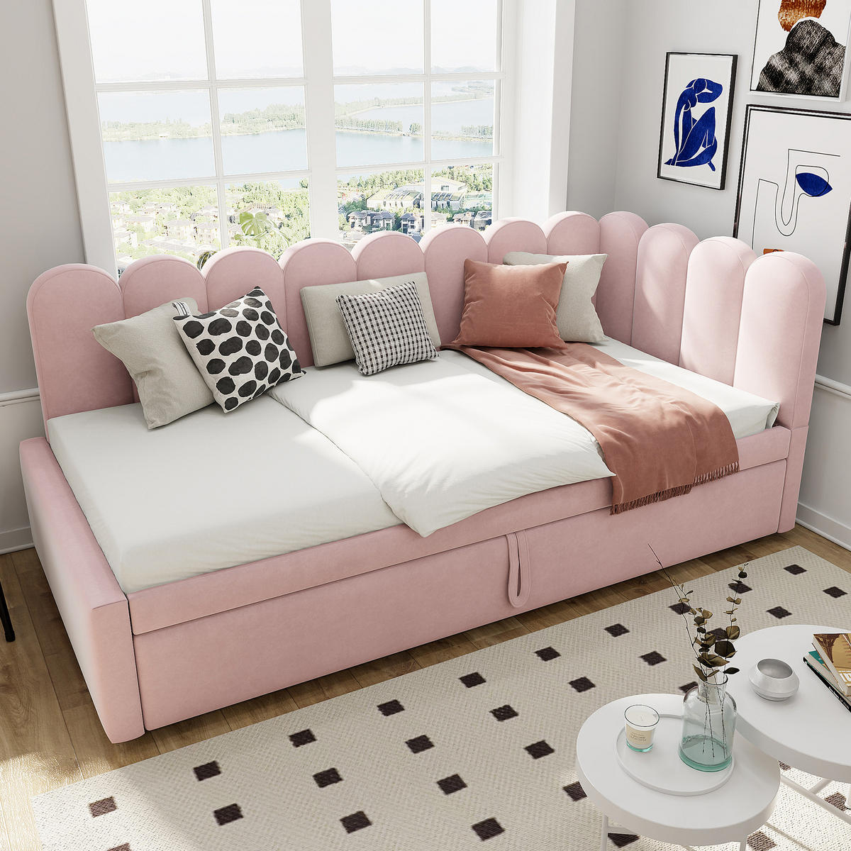 POLSTERBETT 90/200 cm L-Form Rosa Samt mit ausziehbarem Kopfteil - Rosa, Textil (90/200cm) - OKWISH