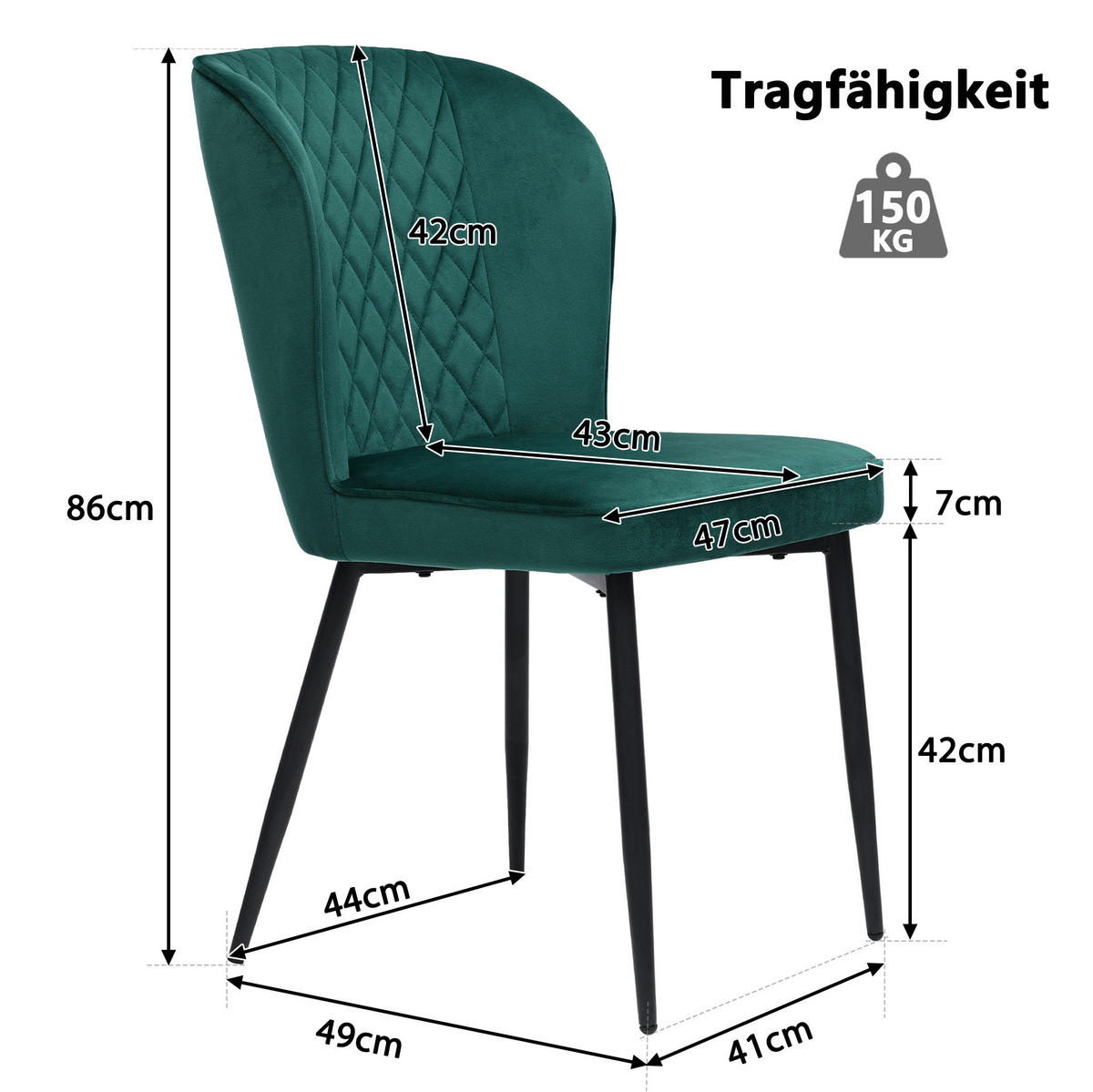ESSZIMMERSTUHL ergonomisch Samt Grün 6er-Set - Grün, Metall (43/86/47.2cm) - Meubliv